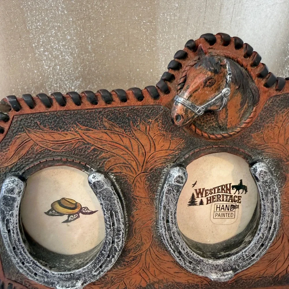 Western Heritage Triple Horseshoe Picture Frame Hand Painted Horse Head Decor